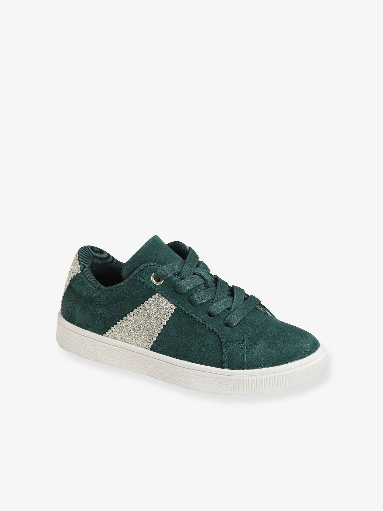 Leather Trainers with Laces & Zip, for Girls - green dark solid with design