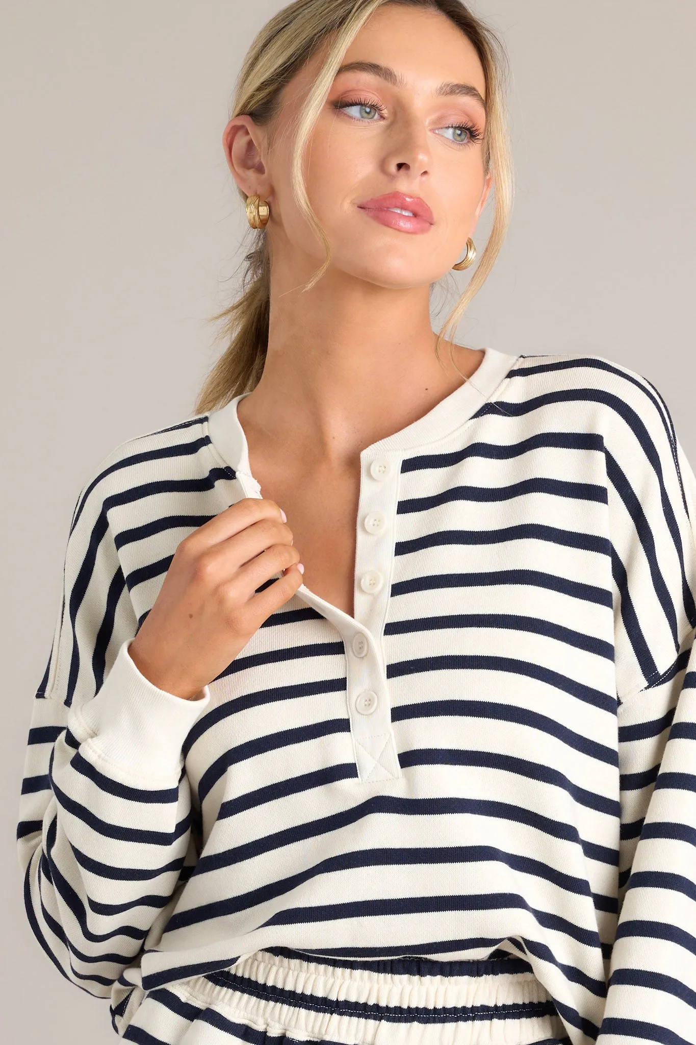 Maritime Muse Navy Stripe Button Front Pullover