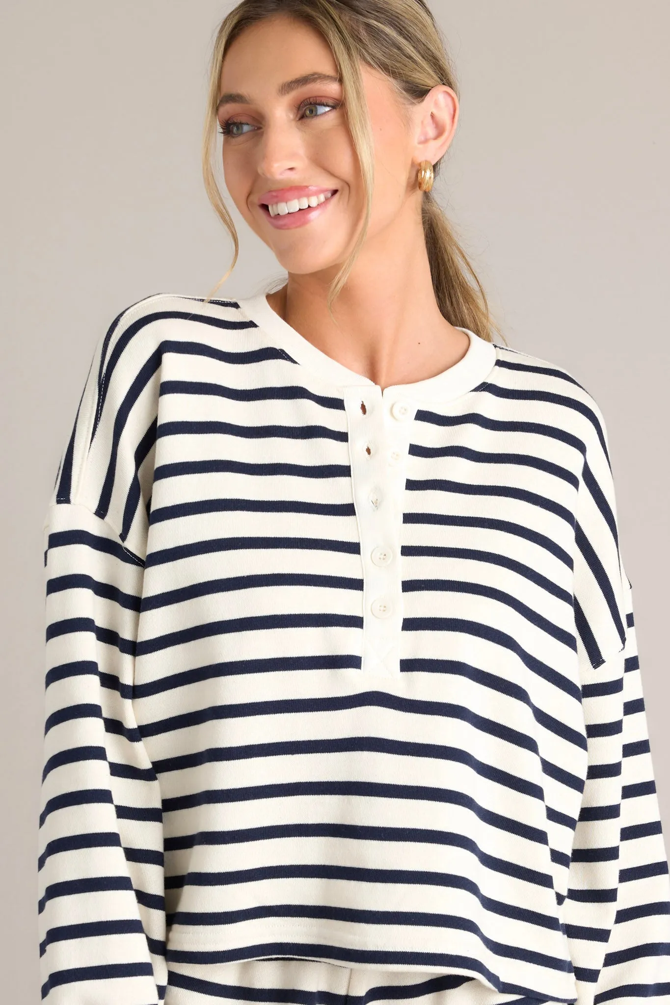 Maritime Muse Navy Stripe Button Front Pullover