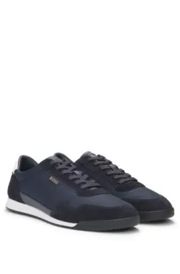 Mixed-material lace-up trainers with suede trims