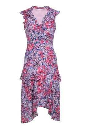 Parker - Pink & Blue w/ Multi Color Floral Print Wrap Bodice Dress Sz 2