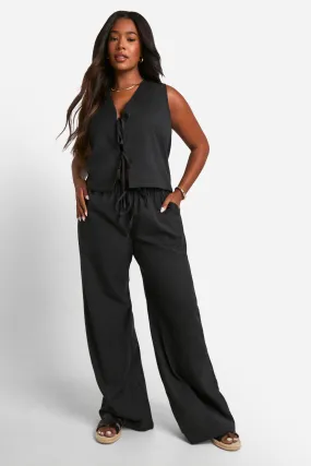 Plus Linen Look Tie Front Crop & Wide Leg Pants