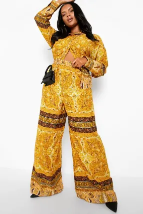 Plus Paisley Border Print Wide Leg Pants