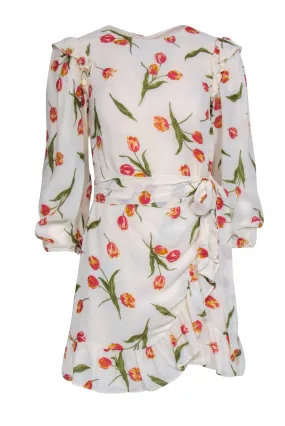 Reformation - Ivory Floral Long Sleeve Mini Wrap Dress Sz 2