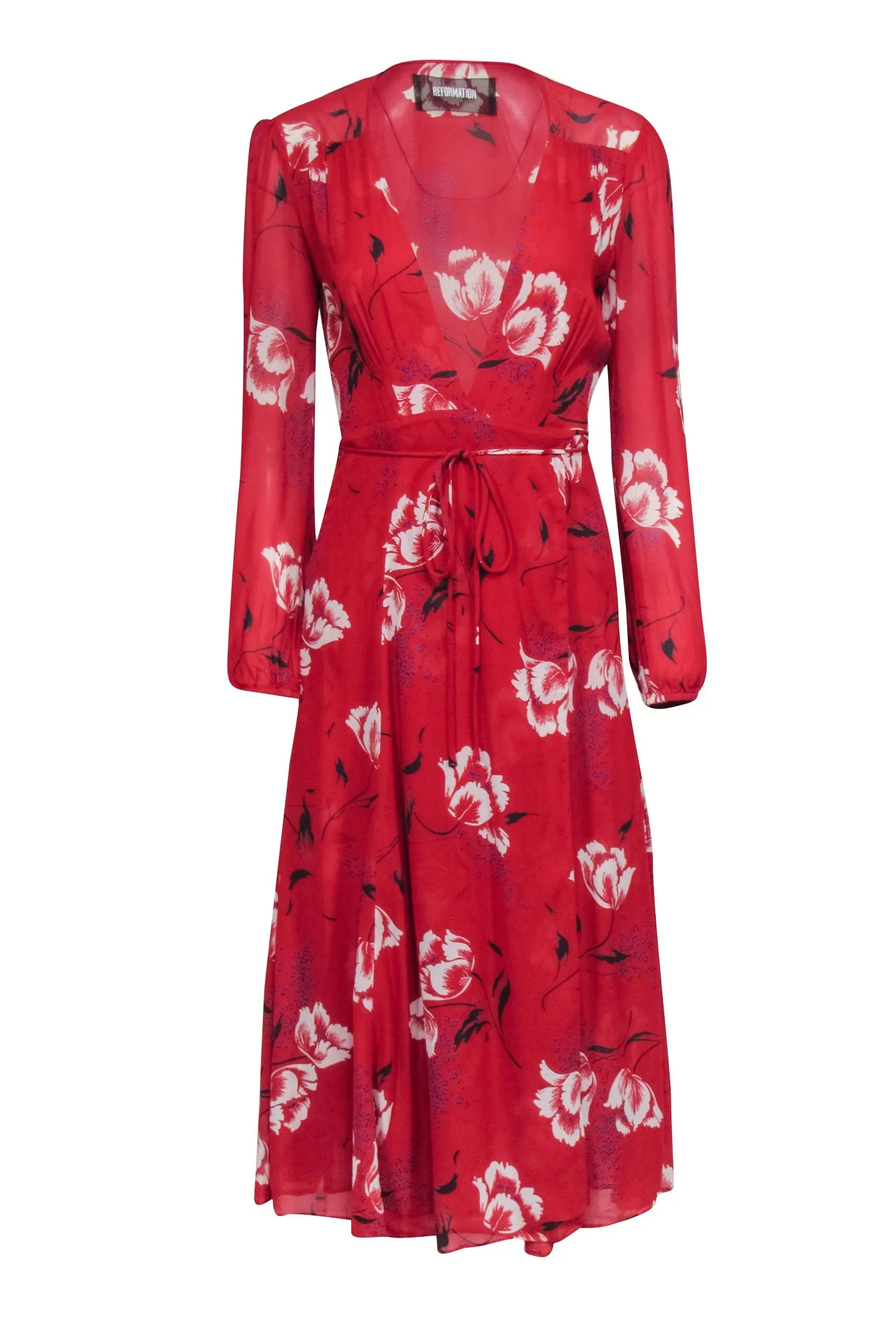 Reformation - Red w/ White Floral Print Midi Wrap Dress Sz S