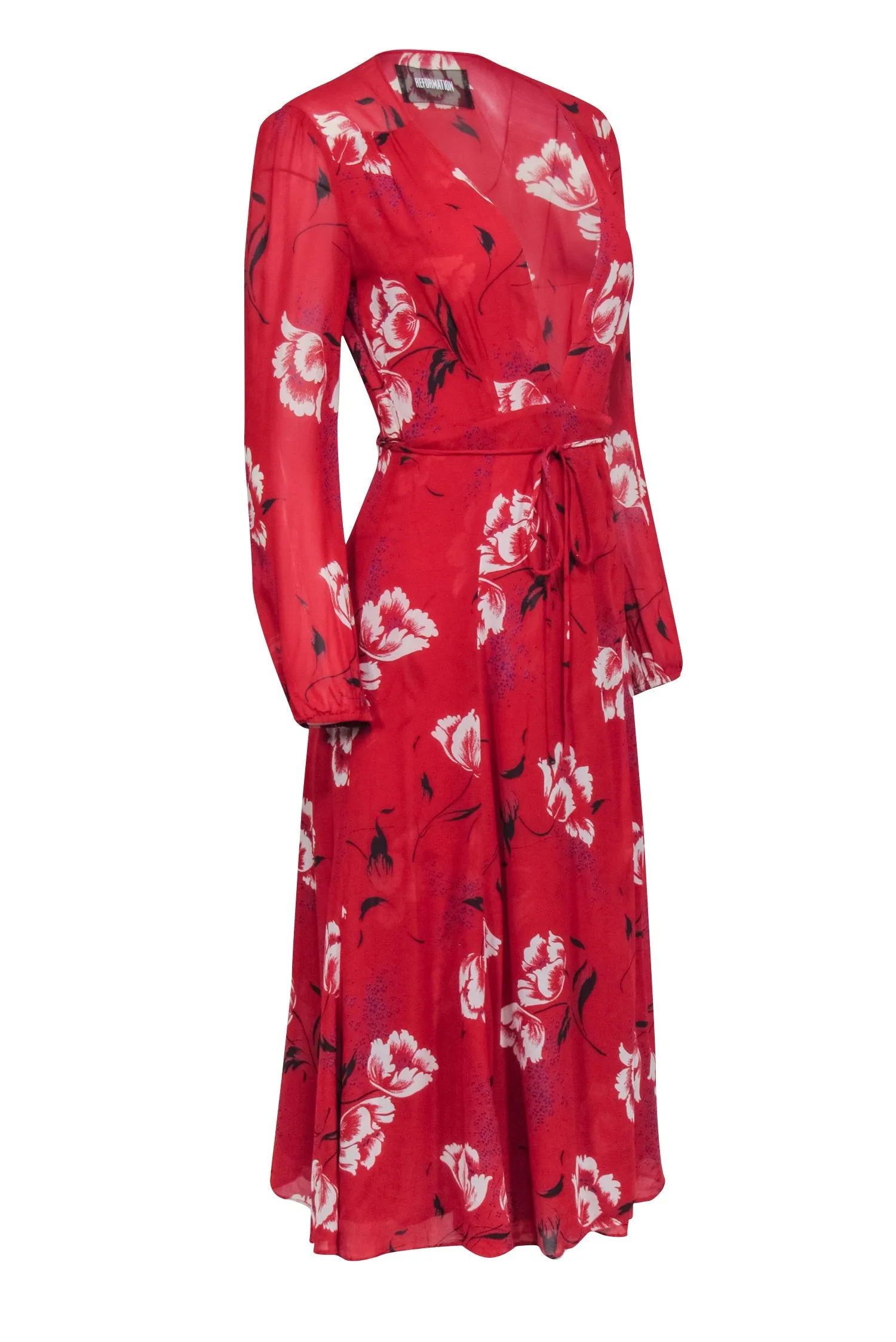 Reformation - Red w/ White Floral Print Midi Wrap Dress Sz S