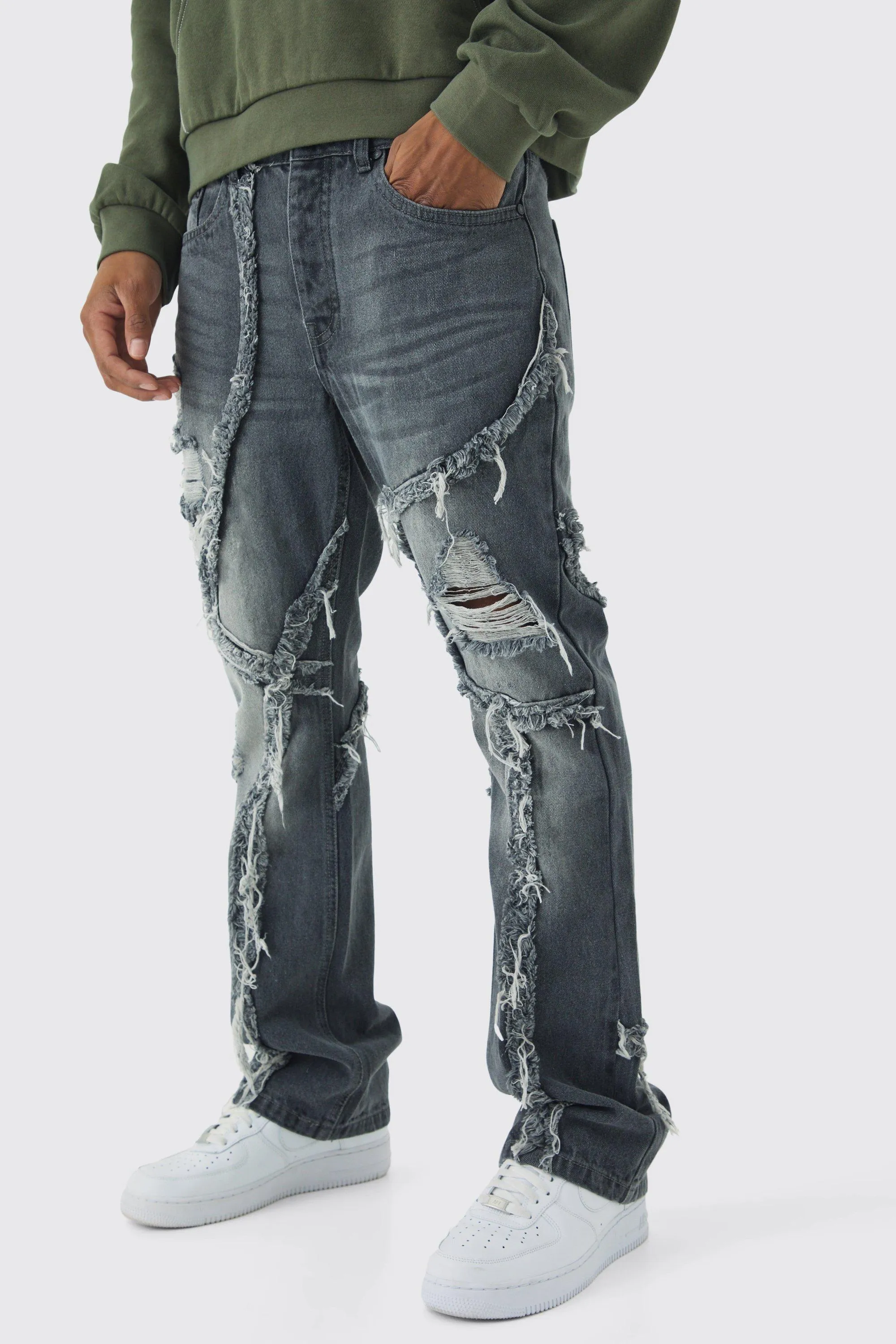 Slim Flared Patchwork Distressed Jeans