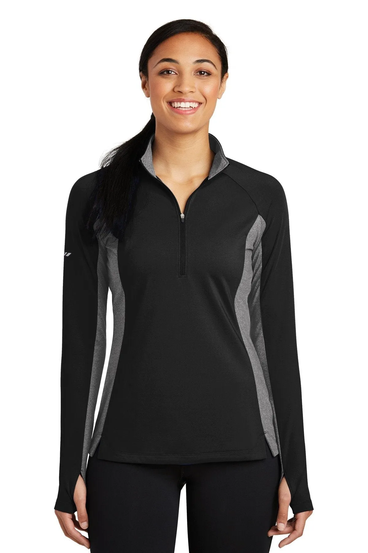 Sport-Tek Ladies Sport-Wick Stretch Contrast 1/2-Zip Pullover LST854 Black/ Charcoal Grey Heather