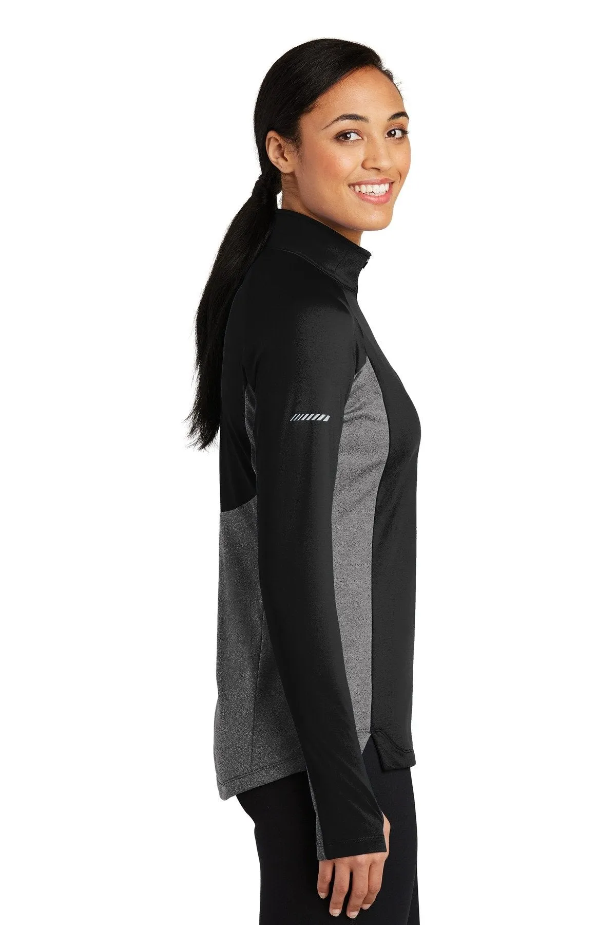 Sport-Tek Ladies Sport-Wick Stretch Contrast 1/2-Zip Pullover LST854 Black/ Charcoal Grey Heather