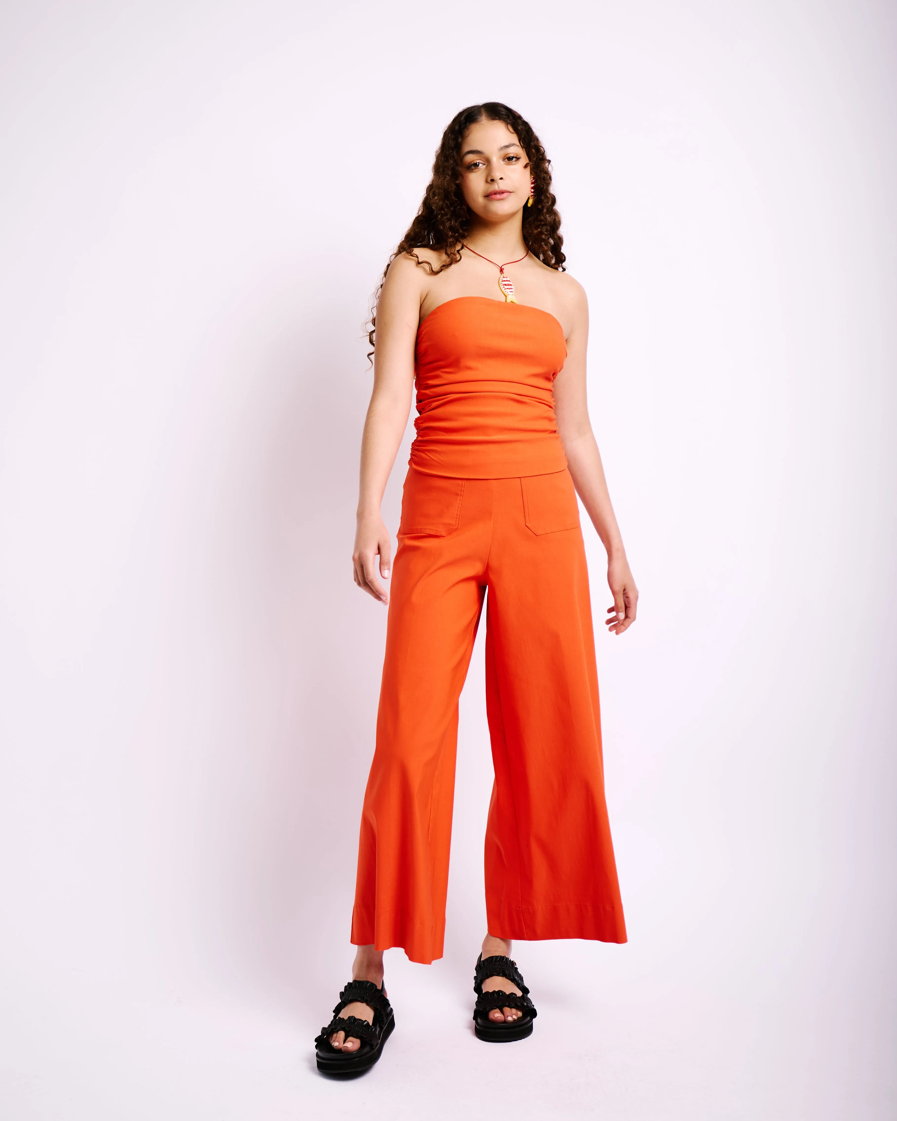 Stretch Wide Leg Cropped Pants in Coral