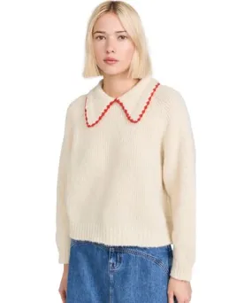 THE GREAT. The Crochet Collar Pullover Soft White w/ Cherry 1