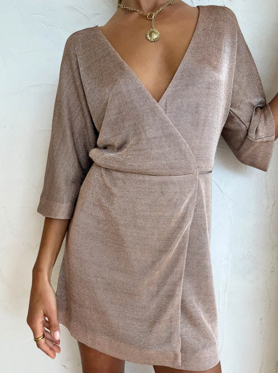 Third Form Heavy Metal Knit Wrap Dress in Rose Gold