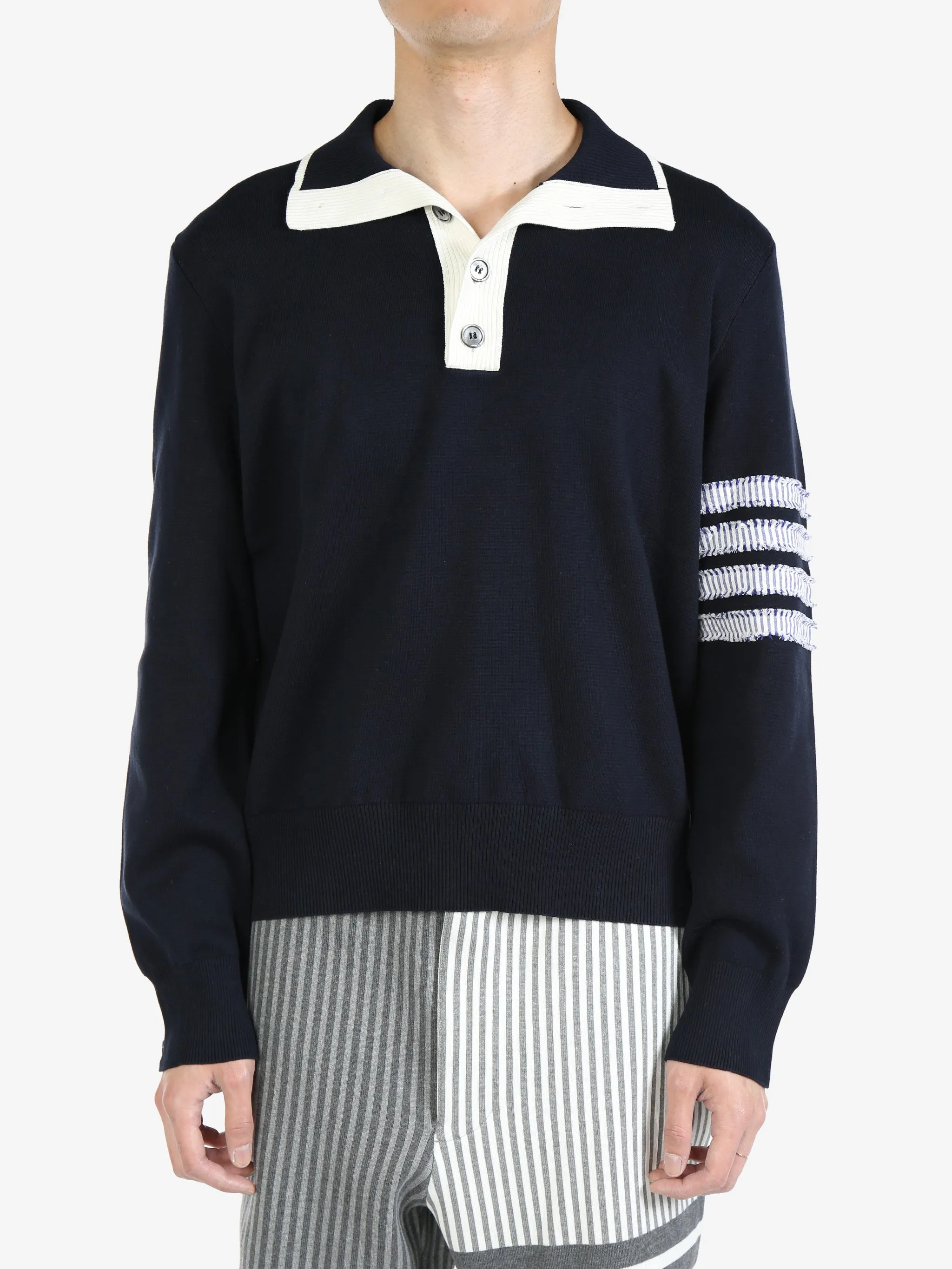 THOM BROWNE - Men Milano Stitch Mock Neck Pullover In Cotton W/ Woven Seersucker 4 Bar Stripe