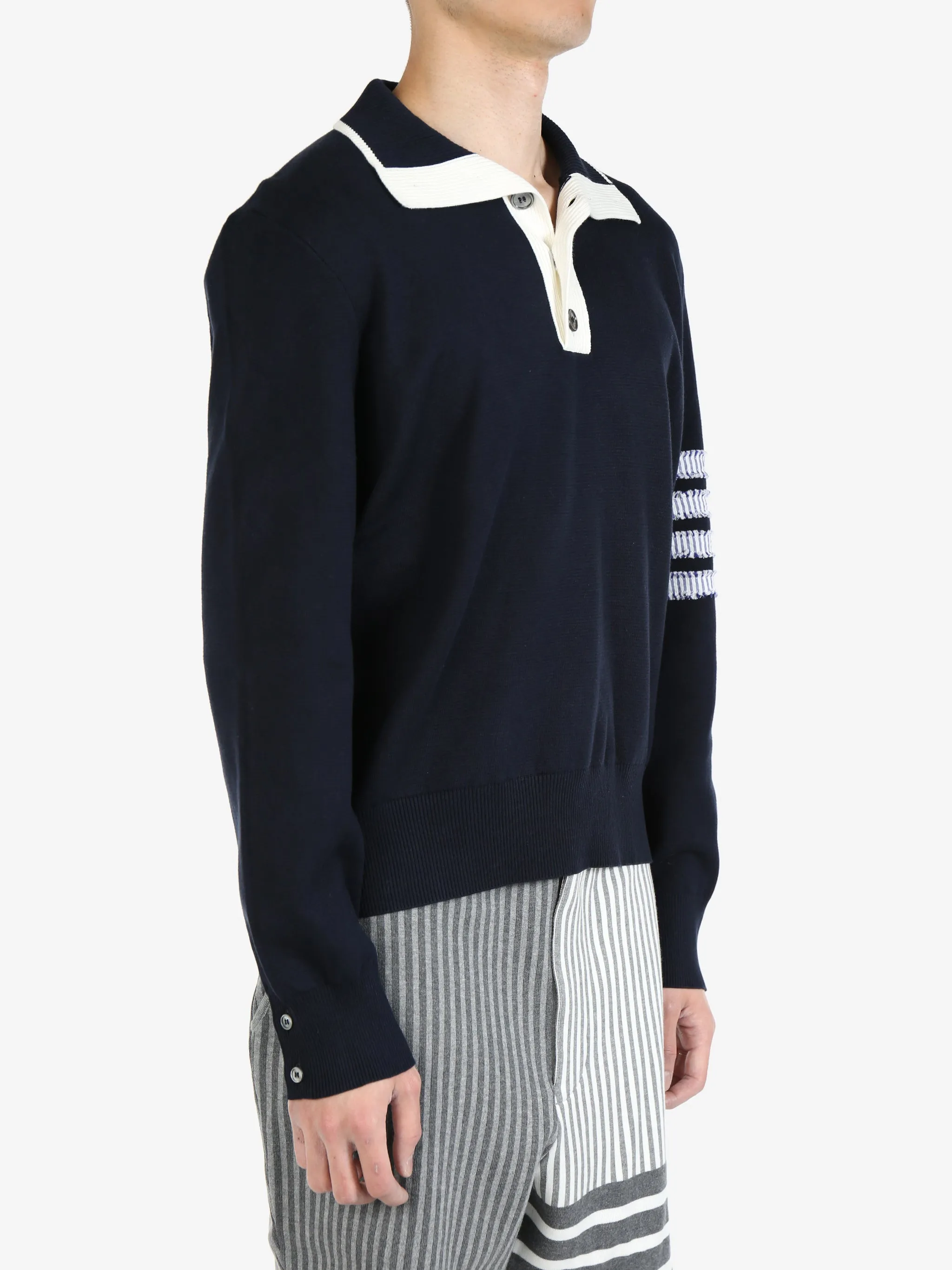 THOM BROWNE - Men Milano Stitch Mock Neck Pullover In Cotton W/ Woven Seersucker 4 Bar Stripe