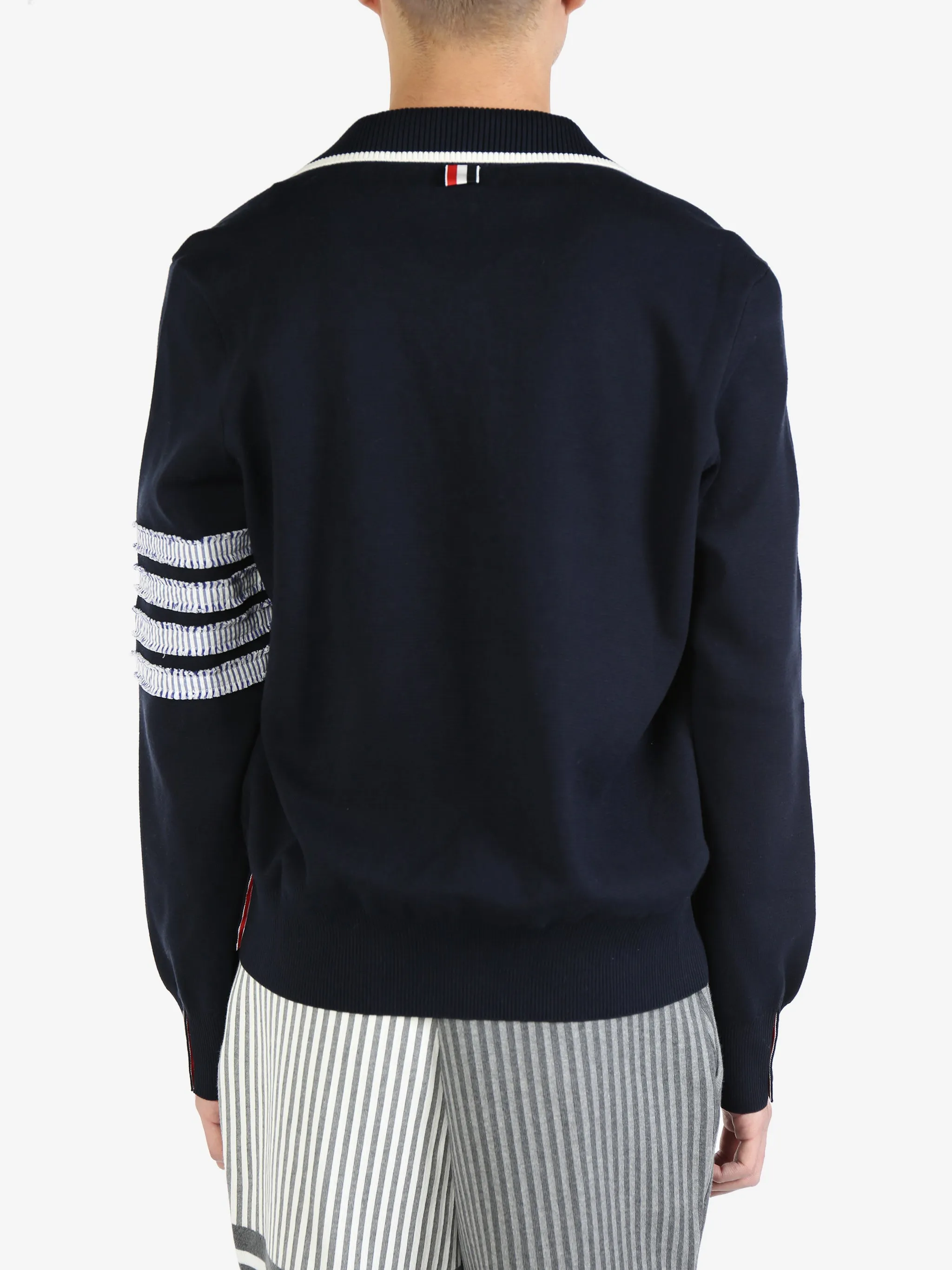 THOM BROWNE - Men Milano Stitch Mock Neck Pullover In Cotton W/ Woven Seersucker 4 Bar Stripe