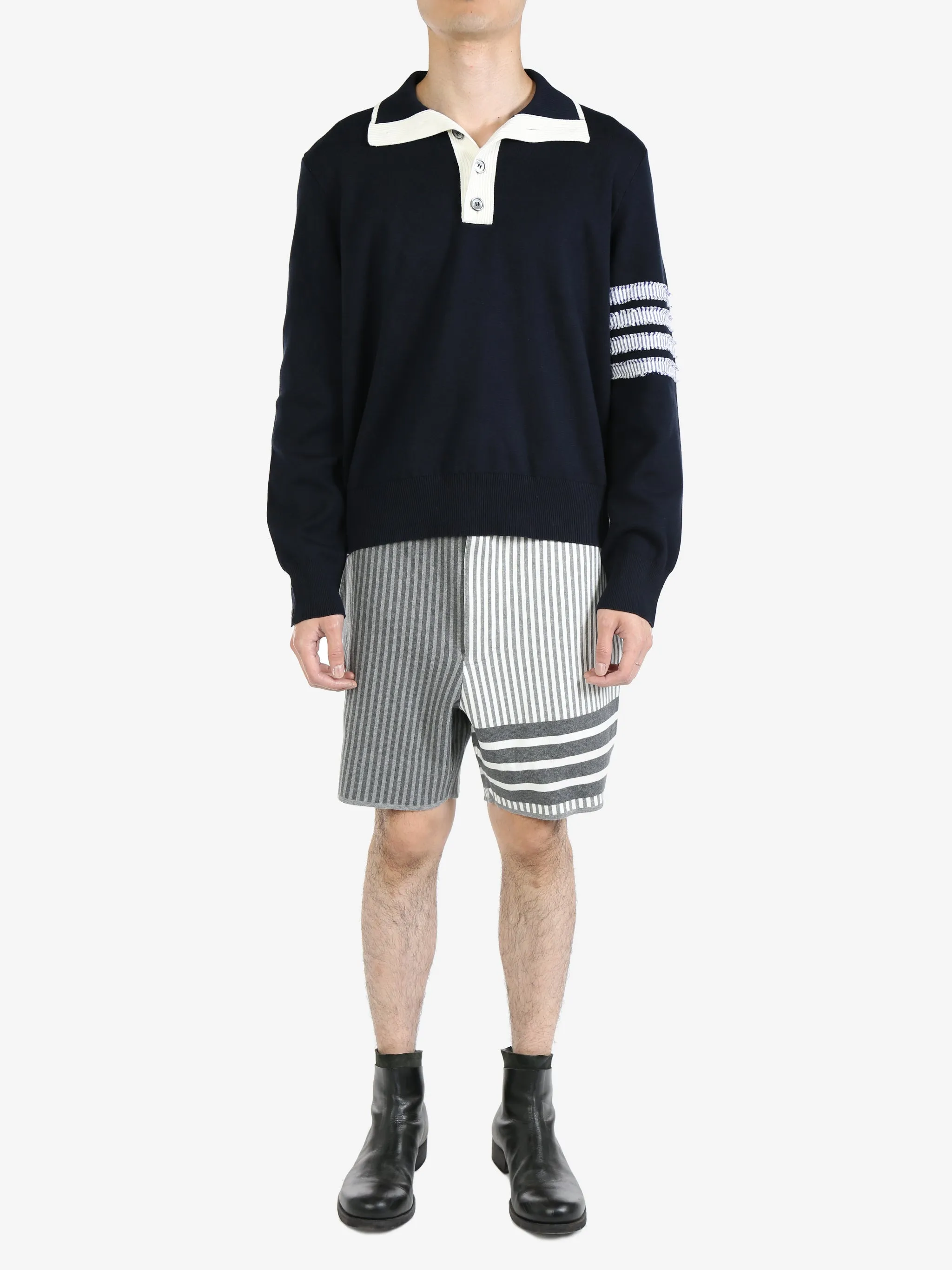 THOM BROWNE - Men Milano Stitch Mock Neck Pullover In Cotton W/ Woven Seersucker 4 Bar Stripe