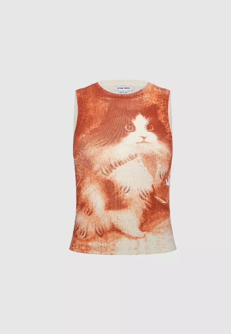 Urban Revivo Sleeveless Cat Printed Knitted Top