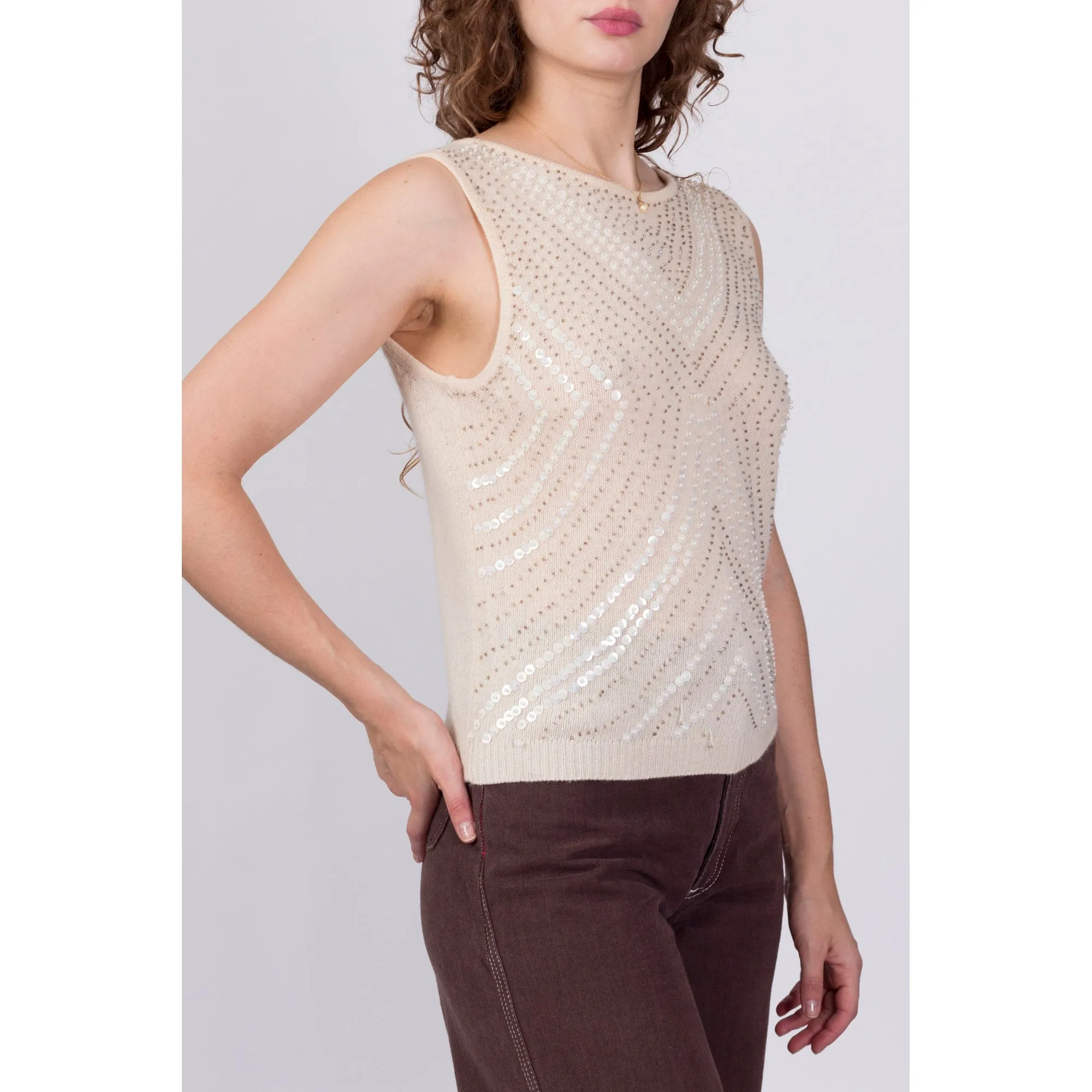 Vintage 60s Style Beaded Sleeveless Knit Top - Medium