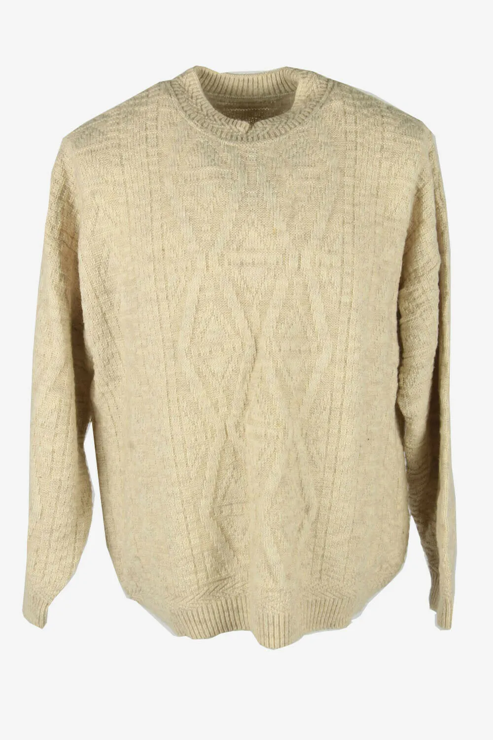 Vintage Cable Knit Wool Jumper Crew Neck Pullover 90s Beige Size XL - Pepper Tree London