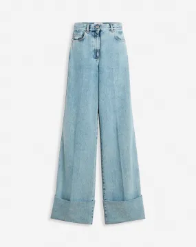 WIDE-LEG CUFFED DENIM PANTS