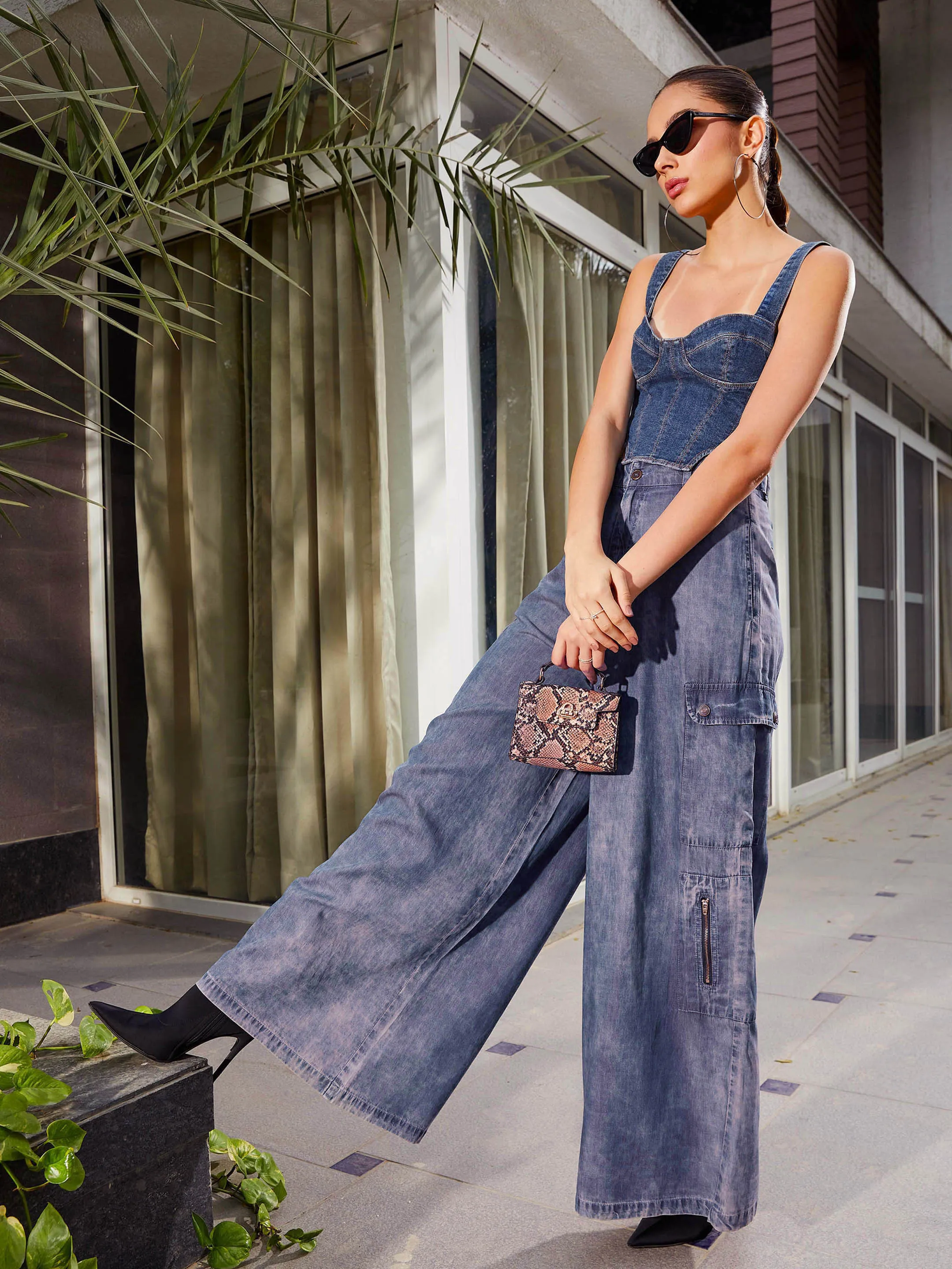 Women Blue Acid Wash Tencel Wide Leg Pants