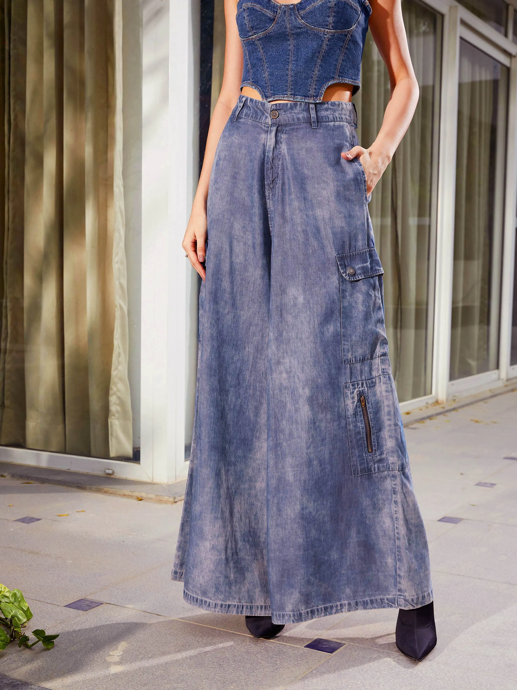 Women Blue Acid Wash Tencel Wide Leg Pants