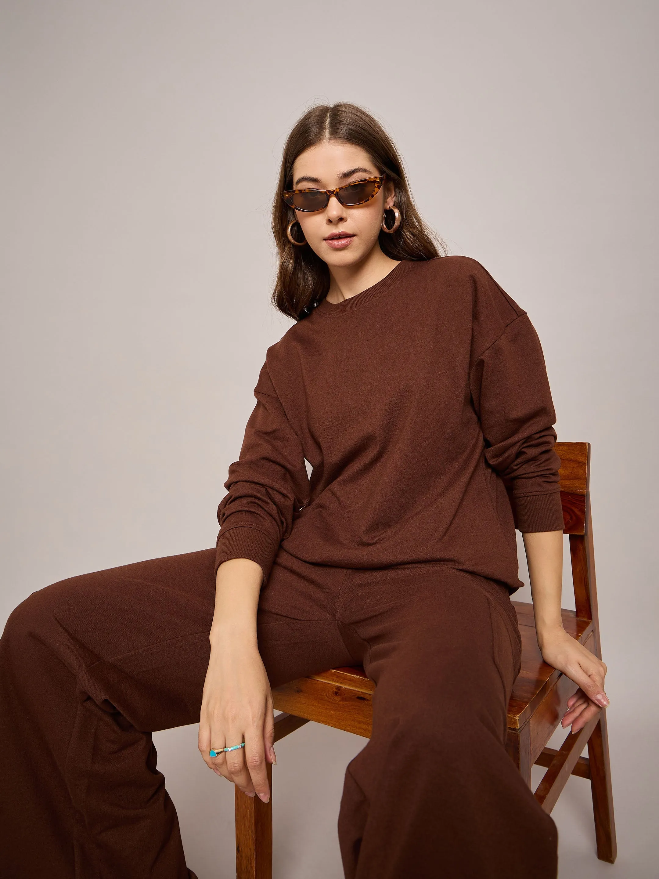 Women Brown Terry Oversized Sweatshirt With Wide Leg Track Pants