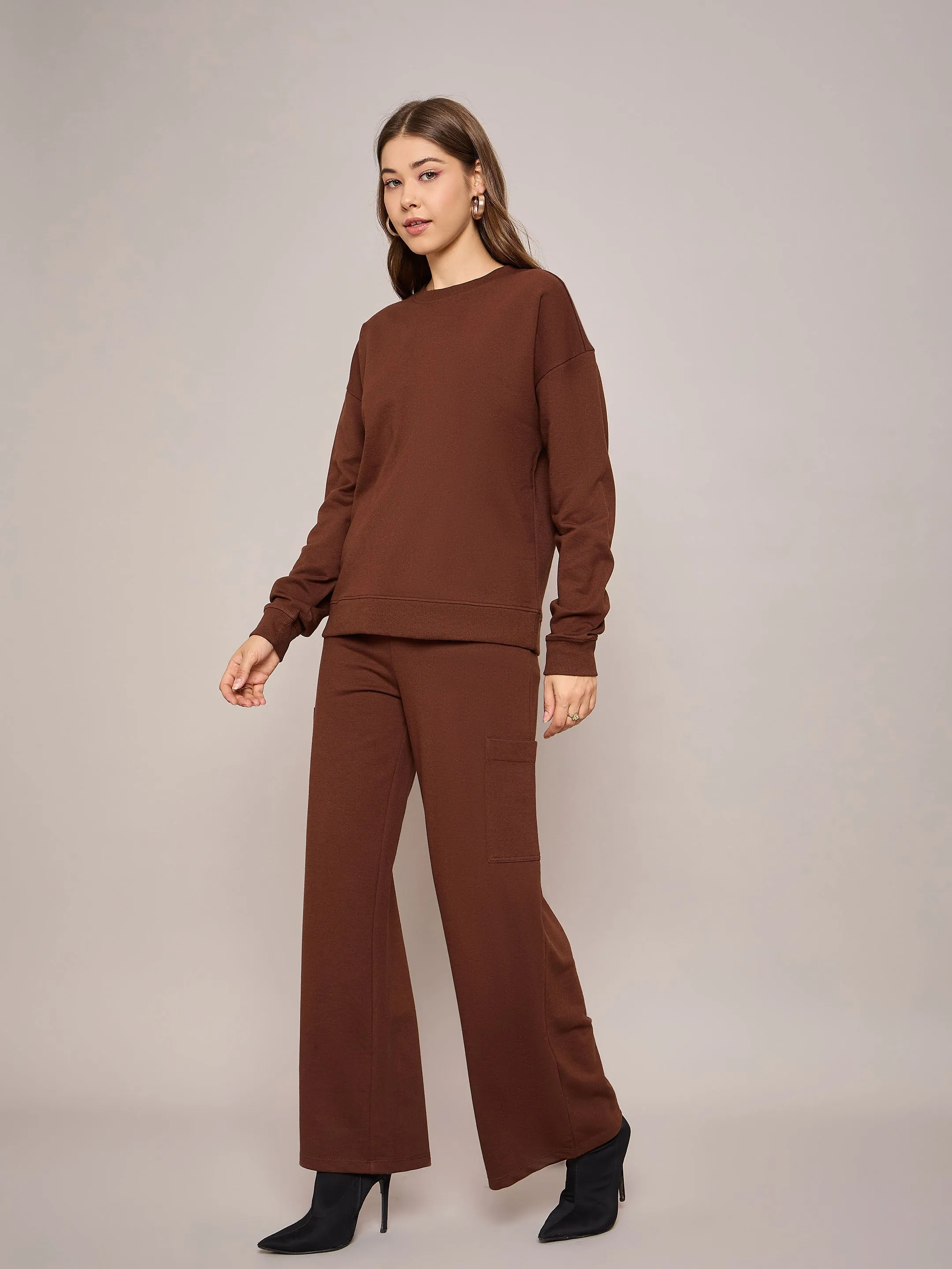 Women Brown Terry Oversized Sweatshirt With Wide Leg Track Pants