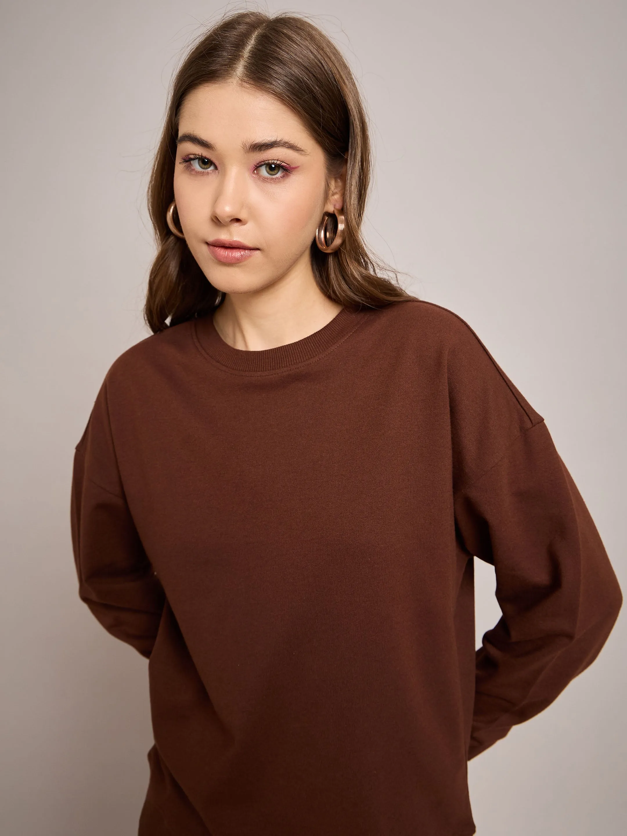 Women Brown Terry Oversized Sweatshirt With Wide Leg Track Pants