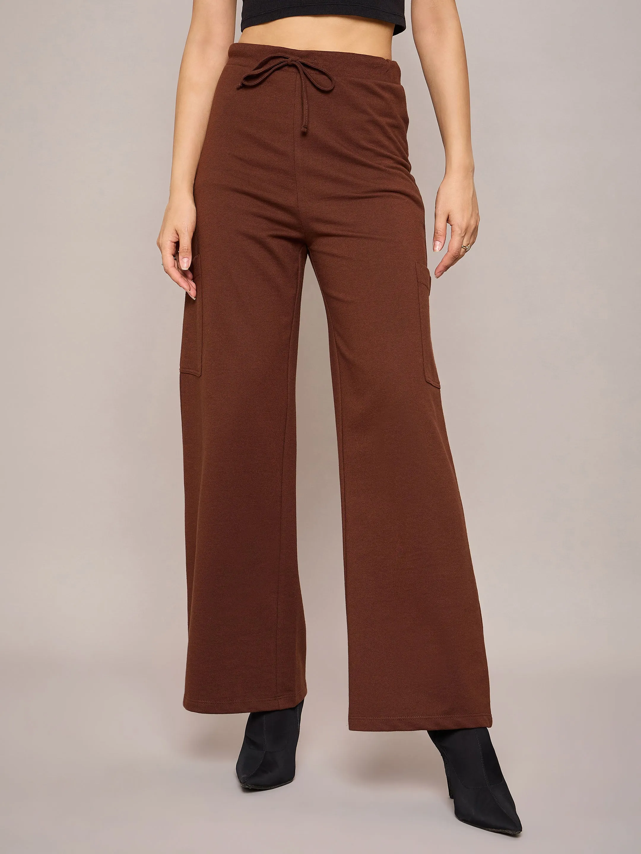 Women Brown Terry Oversized Sweatshirt With Wide Leg Track Pants