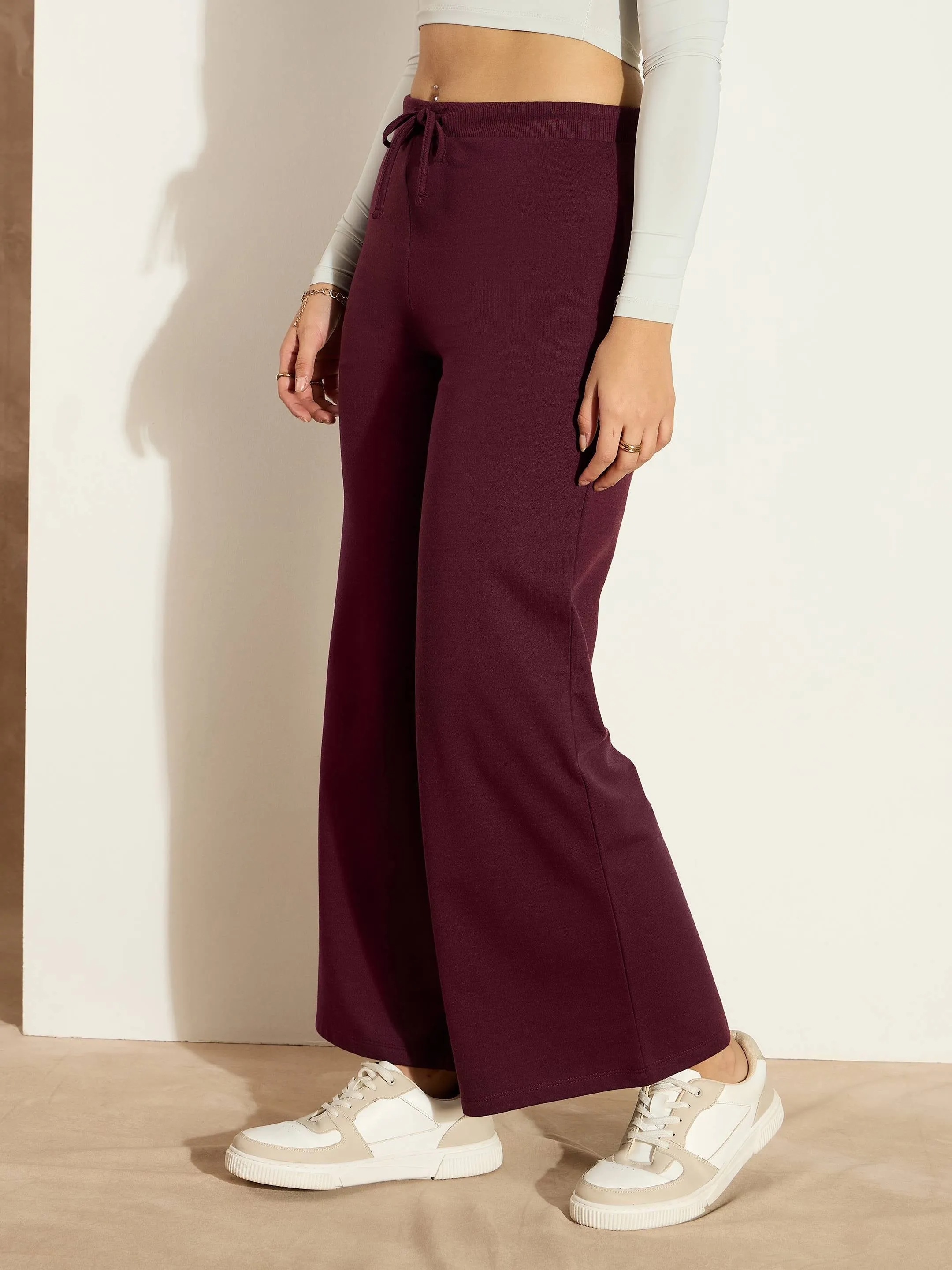 Women Burgundy Terry Wide Leg Drawstring Pants