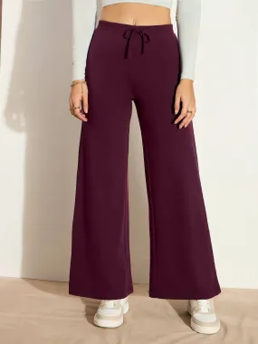 Women Burgundy Terry Wide Leg Drawstring Pants