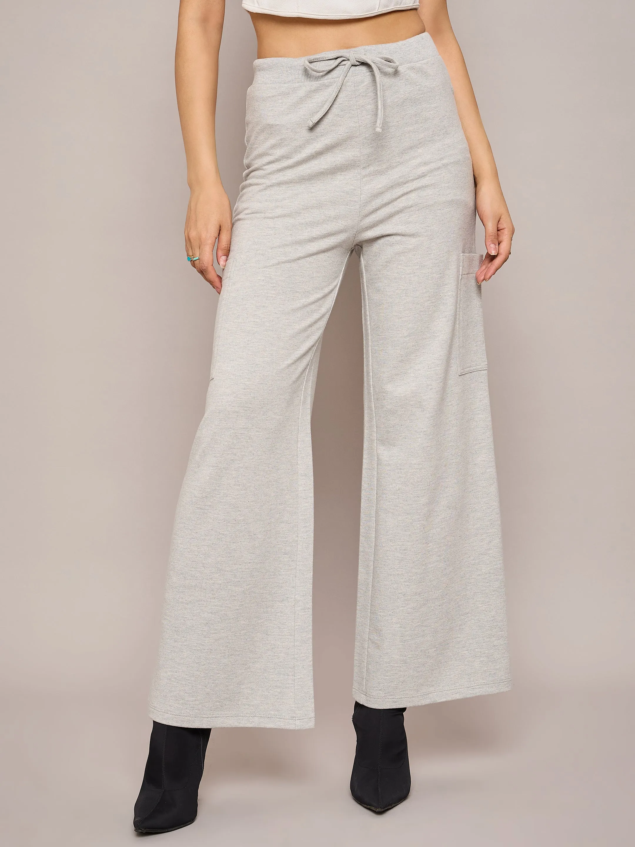 Women Grey Melange Terry Wide Leg Track Pants