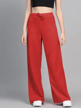 Women Red Terry Wide Leg Drawstring Pants