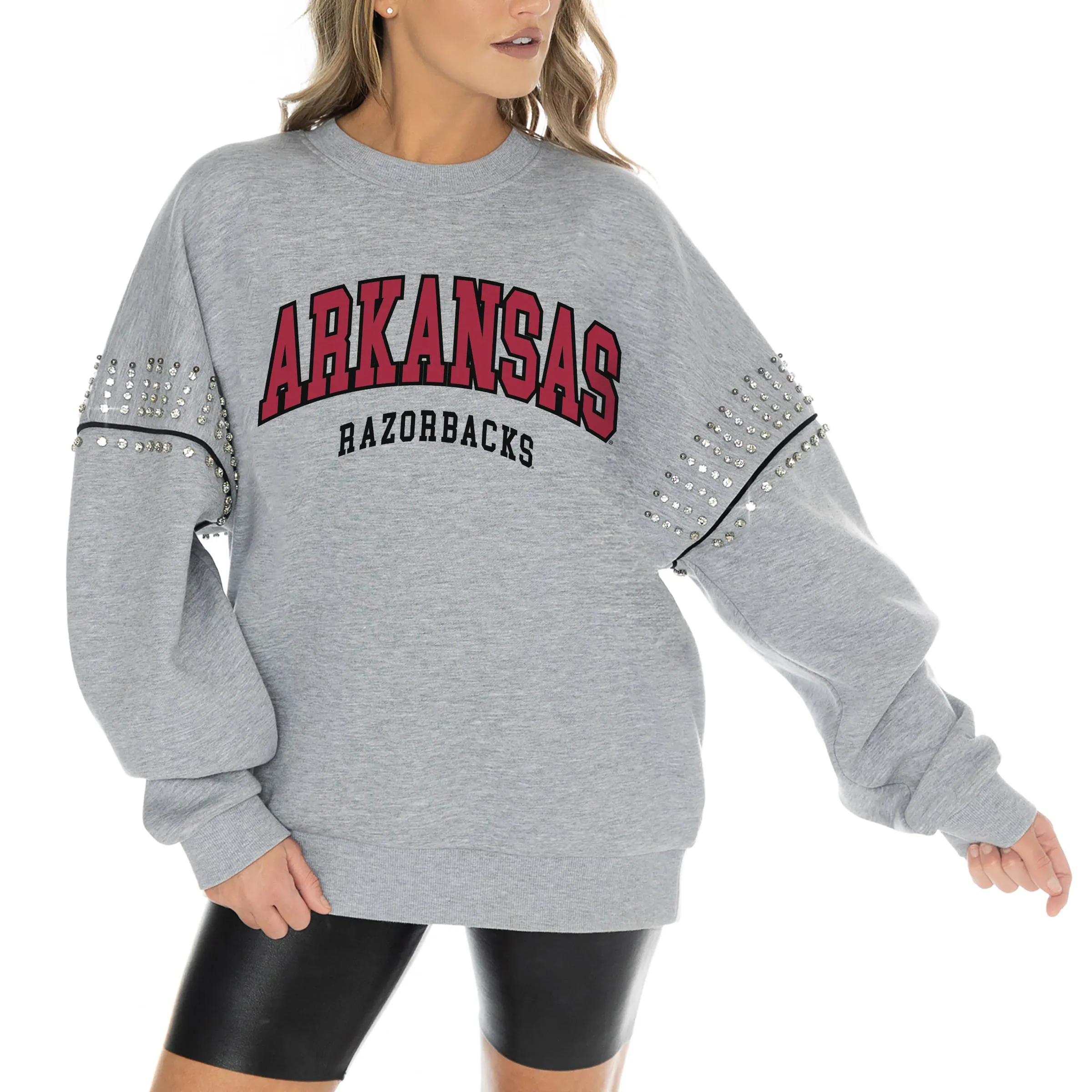 Women's Gameday Couture Heather Gray Arkansas Razorbacks Competitive Edge Oversized Fleece Pullover Sweatshirt