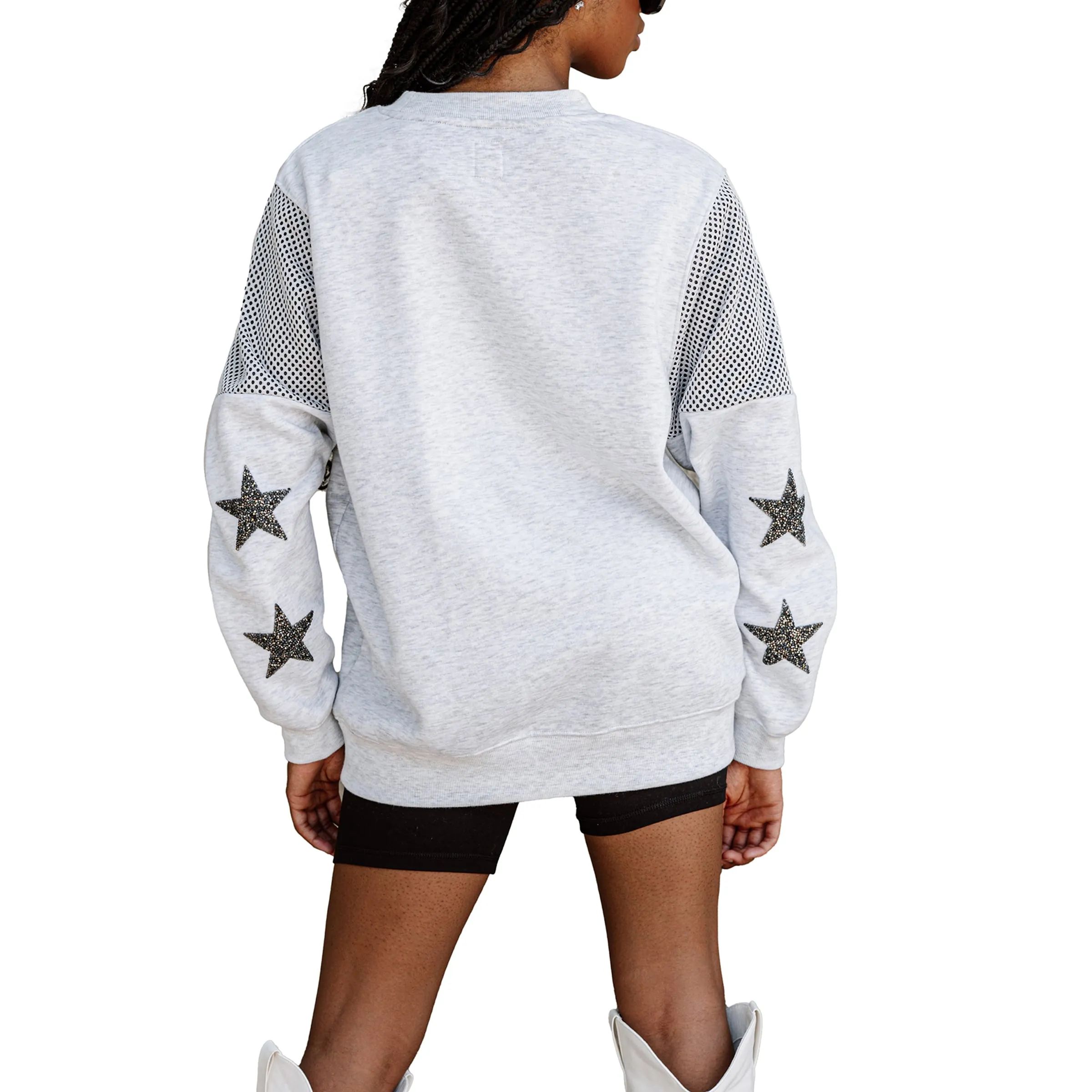 Women's Gameday Couture Ash Georgia Bulldogs Rhinestone Star Mesh Shoulder Fleece Pullover Sweatshirt