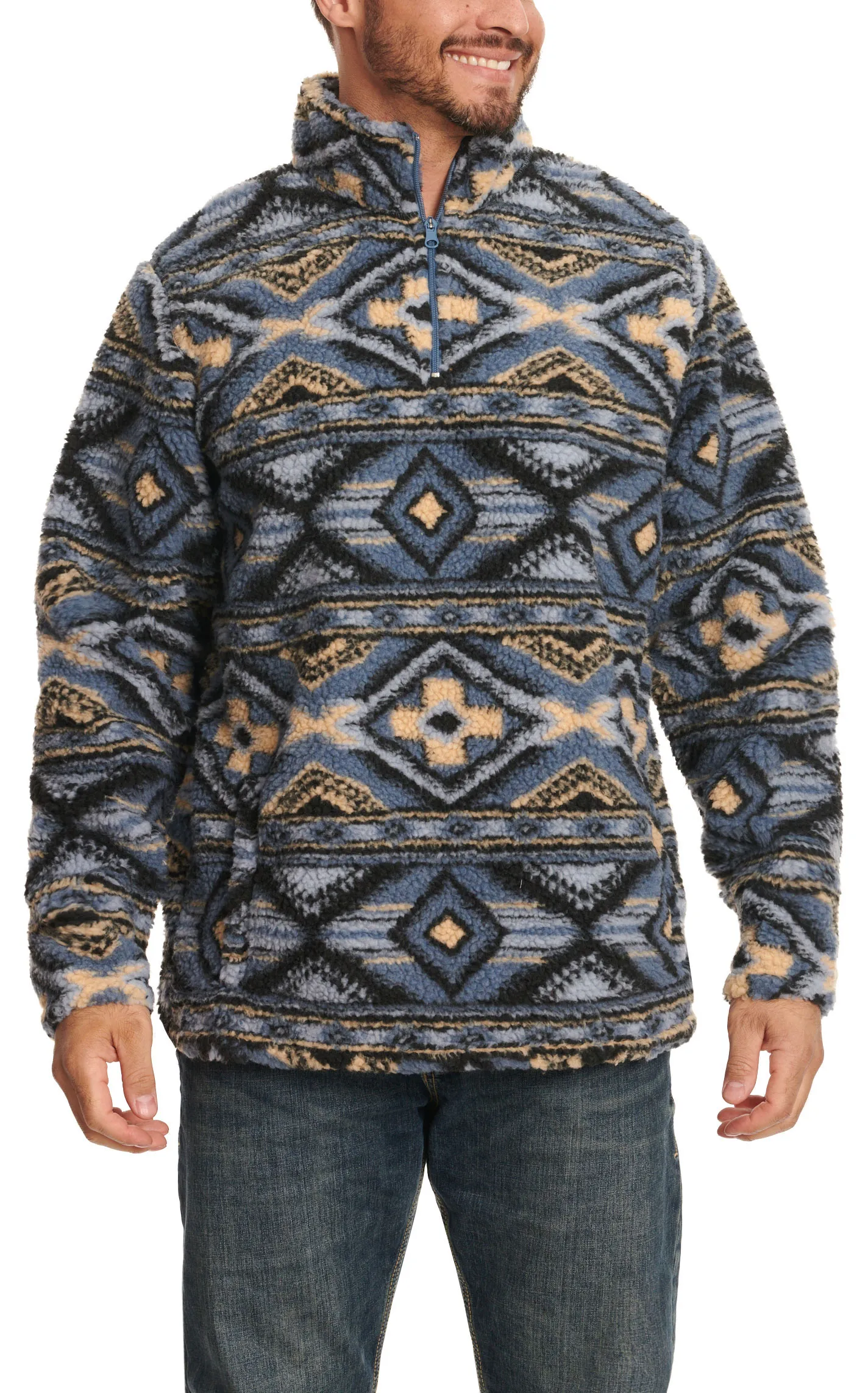 Wrangler Men's Black & Cornflower Blue Aztec Print Sherpa 1/4 Zip Long Sleeve Pullover