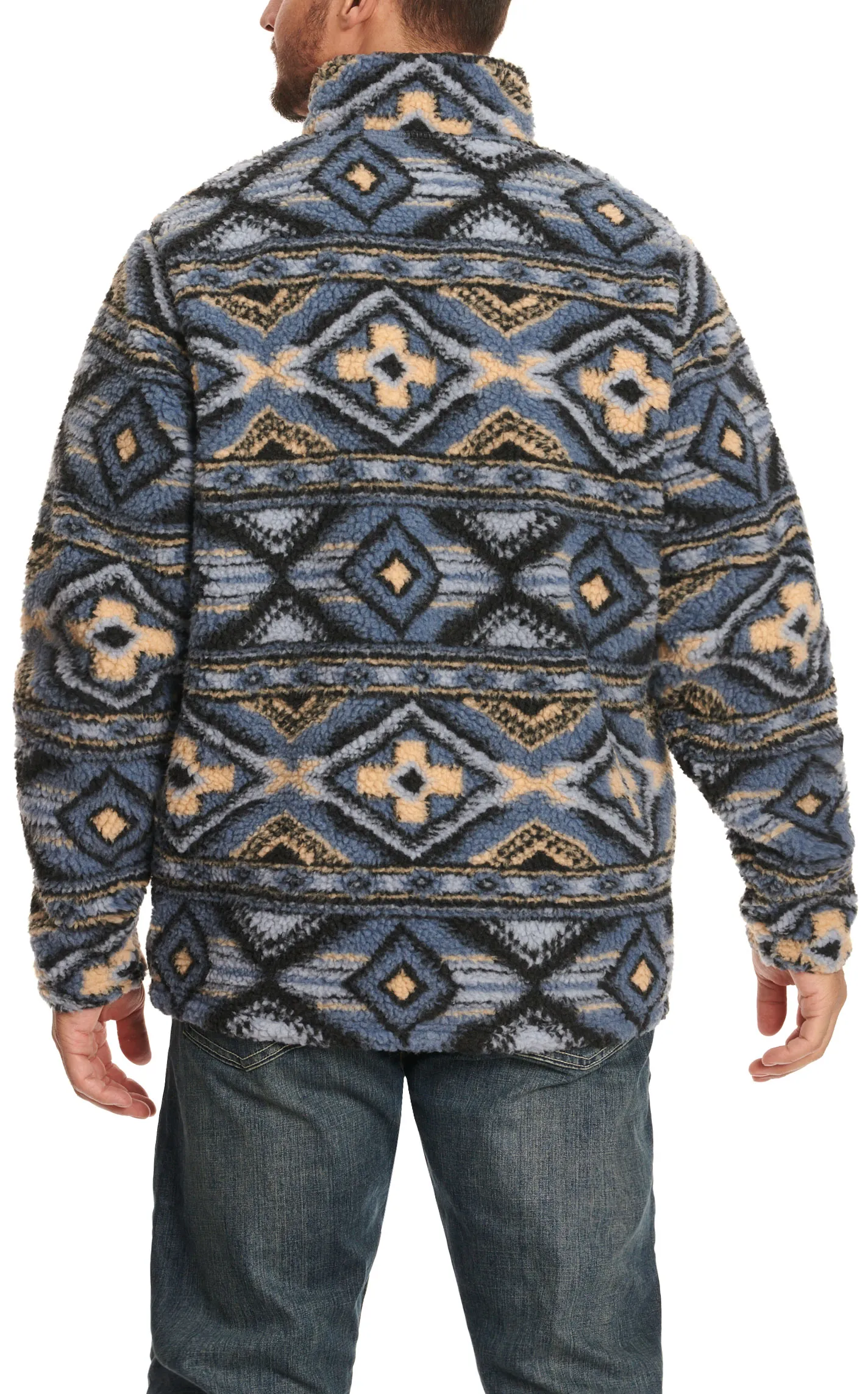 Wrangler Men's Black & Cornflower Blue Aztec Print Sherpa 1/4 Zip Long Sleeve Pullover